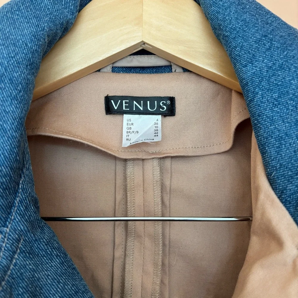 Venus Trench Coat Denim Trim Cotton Sz 4 - Picture 3 of 15